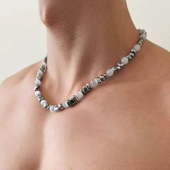 Unisex Cat's Eye Stone And Black Gallstone Beaded Necklace With Polished Geometric Pendant And Casual Hiphop Style