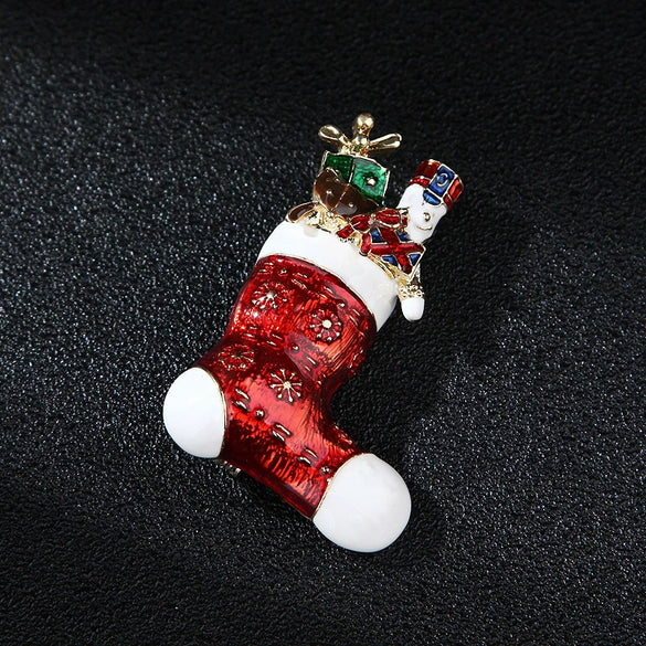 Unisex Christmas Snowflake Sock Brooch With Bear And Soldier Boot Motifs Dripping Oil Alloy Pin With Artificial Gem Accents