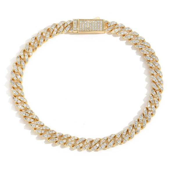 Unisex Copper Cuban Chain Bracelet With Single Row Zircon Geometric Design And Spring Clasp Hip Hop Jewelry