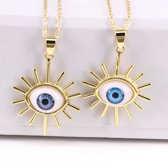 Unisex Copper Evil Eye Pendant Necklace With Mixed Gem Inlay Geometric Design Electroplated Water Wave Chain Jewelry