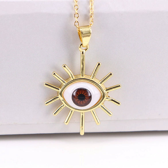 Unisex Copper Evil Eye Pendant Necklace With Mixed Gem Inlay Geometric Design Electroplated Water Wave Chain Jewelry
