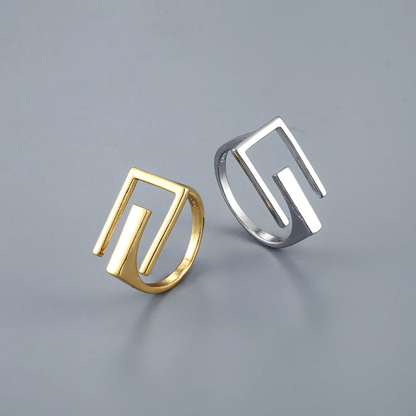 Unisex Copper Open Letter Ring With Geometric Cutout Design And Gold Or Silver Electroplated Finish Minimalist Style