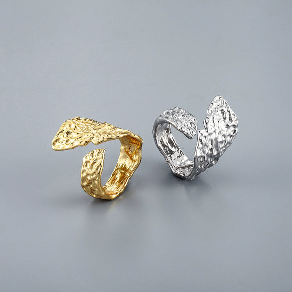 Unisex Copper Open Ring With Irregular Leaf Shape Textured Concave Convex Design And Gold Silver Electroplated Finish