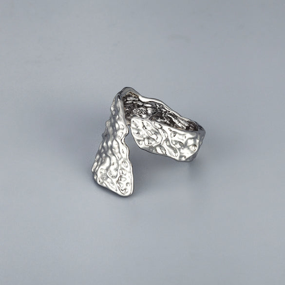 Unisex Copper Open Ring With Irregular Leaf Shape Textured Concave Convex Design And Gold Silver Electroplated Finish