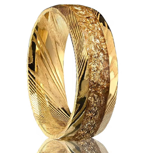 Unisex Damascus Steel Ring With Goldplated Finish And Gold Foil Inlay Minimalist Geometric Jewelry