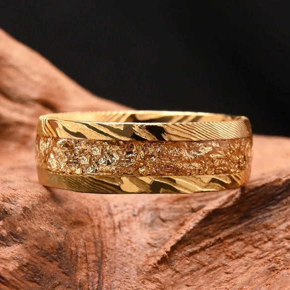 Unisex Damascus Steel Ring With Goldplated Finish And Gold Foil Inlay Minimalist Geometric Jewelry