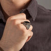 Unisex Electroplated Alloy Ring With Geometric Square Black Gemstone And Eagle Motif Fashion Statement Jewelry
