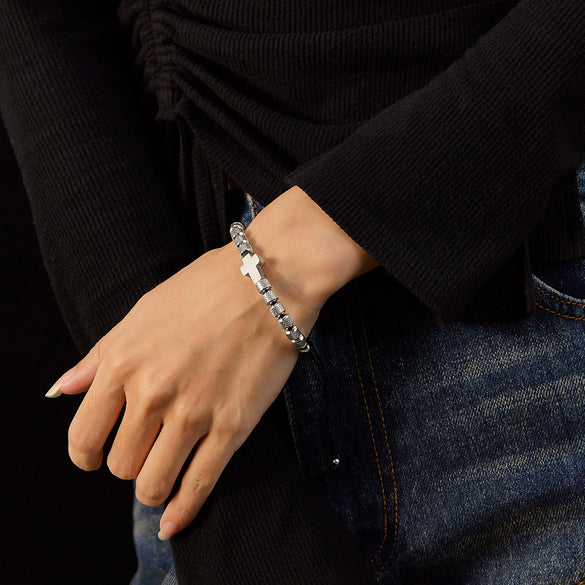 Unisex Electroplated Titanium Steel Cross Charm Woven Bracelet With Geometric Design Fashion Jewelry