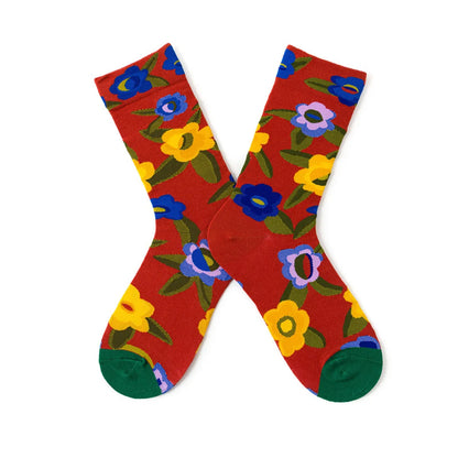 Unisex Funny Simple Style Color Block Flower Cotton Crew Socks A Pair