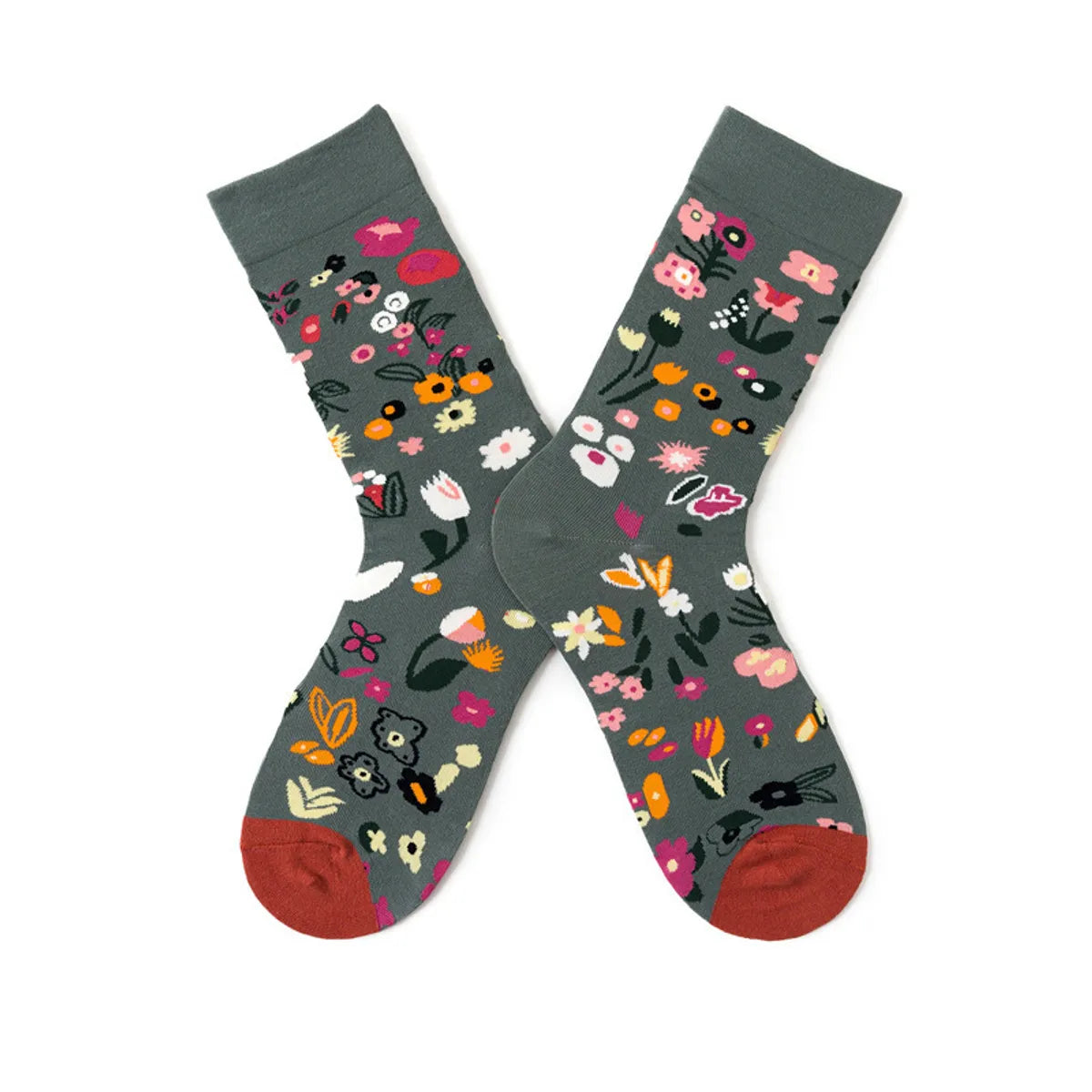 Unisex Funny Simple Style Color Block Flower Cotton Crew Socks A Pair