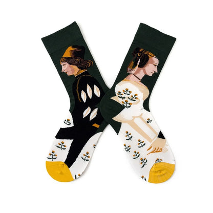 Unisex Funny Simple Style Color Block Flower Cotton Crew Socks A Pair