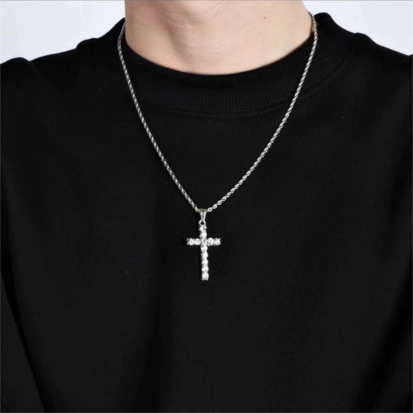 Unisex Geometric Cross Necklace With Diamond Detail Zinc Alloy Pendant And Titanium Steel Twist Chain Minimalist Jewelry For Men And Women