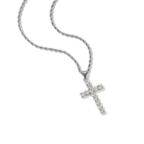 Unisex Geometric Cross Necklace With Diamond Detail Zinc Alloy Pendant And Titanium Steel Twist Chain Minimalist Jewelry For Men And Women