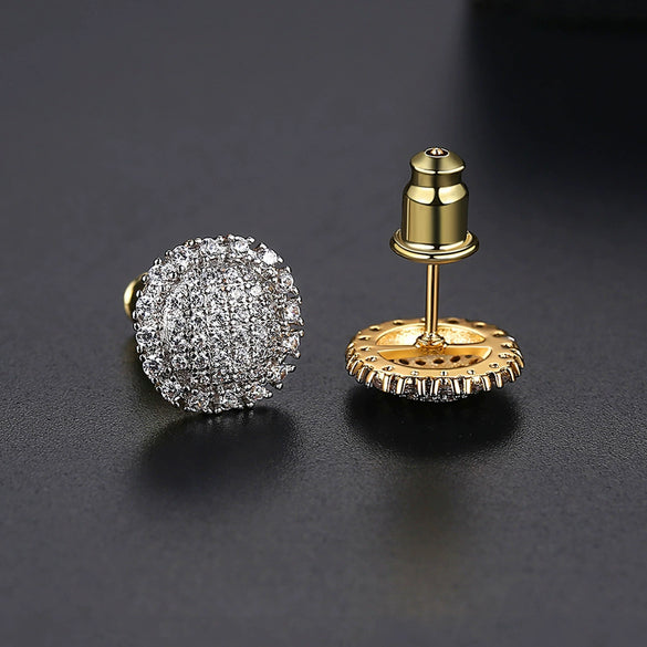 Unisex Geometric Flower Earrings In Electroplated Copper With Black Nano Zircon And Twotone Gold Finish