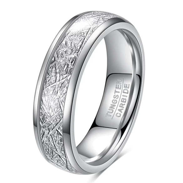 Unisex Geometric Polished Tungsten Steel Ring With Frosted Meteoriteinspired Goldtone Sphere Pattern