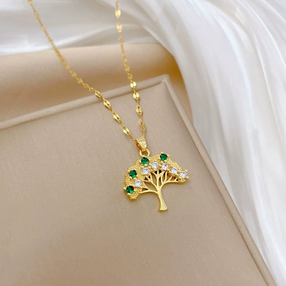 Unisex Geometric Stainless Steel And Copper Tree Of Life Full Diamond Necklace