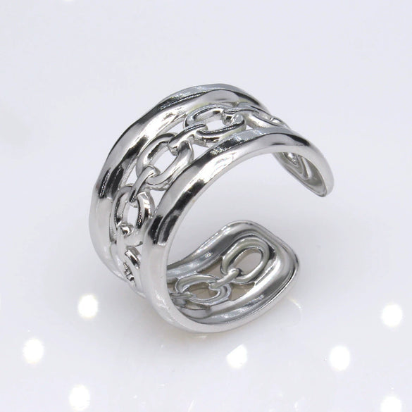 Unisex Geometric Titanium Steel Open Adjustable Ring With Electroplated Finish Exaggerated Hip Hop Style Statement Band