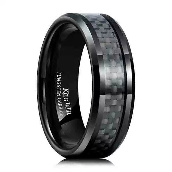 Unisex Geometric Tungsten Steel Ring With Black Electroplated Finish And Blue Carbon Fiber Inlay