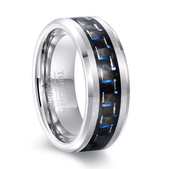Unisex Geometric Tungsten Steel Ring With Carbon Fiber Inlay And Electroplated Finish