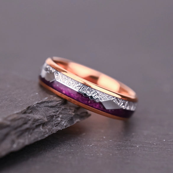 Unisex Geometric Tungsten Steel Ring With Rose Gold Plating Purple Lapis Lazuli And Imitation Meteorite Inlay Light Luxury Jewelry