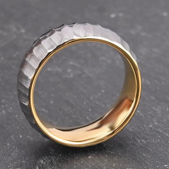 Unisex Gold Plated Tungsten Steel Ring With Hand Hammered Geometric Texture And Matte Finish Light Luxury Jewelry