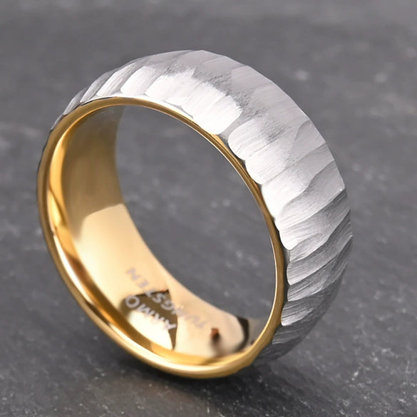 Unisex Gold Plated Tungsten Steel Ring With Hand Hammered Geometric Texture And Matte Finish Light Luxury Jewelry
