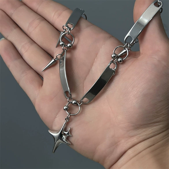 Unisex Gothic Punk Geometric Star Pendant Necklace With Curved Stainless Steel And Zinc Alloy Design Polished Finish And Thick Chain