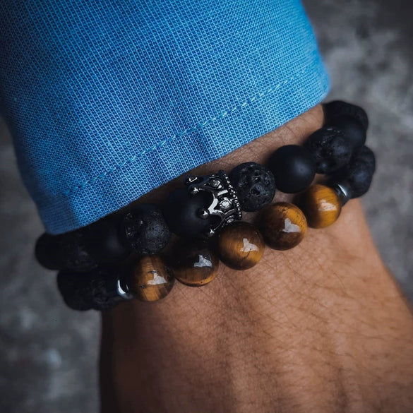 Unisex Handmade Black Gallstone Copper Alloy Geometric Beaded Bracelet With Cross Dumbbell Zircon Crown Design