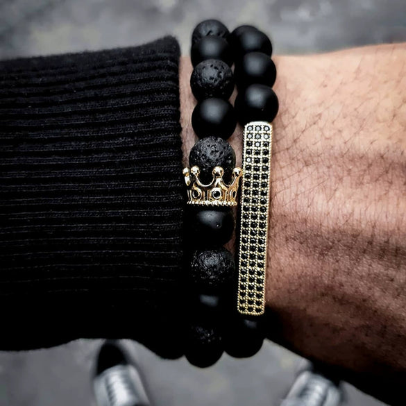 Unisex Handmade Black Gallstone Copper Alloy Geometric Beaded Bracelet With Cross Dumbbell Zircon Crown Design