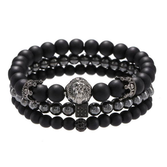 Unisex Handmade Black Gallstone Copper Alloy Geometric Beaded Bracelet With Cross Dumbbell Zircon Crown Design
