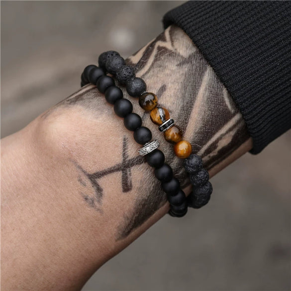 Unisex Handmade Black Gallstone Copper Alloy Geometric Beaded Bracelet With Cross Dumbbell Zircon Crown Design