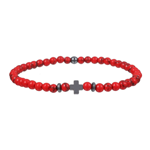 Unisex Handmade Geometric Black Frosted Volcanic Stone Cross Bracelet