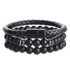 Unisex Handmade Hiphop Magnet Buckle Leather Cord Bracelet With Geometric Tiger's Eye And Volcanic Stone Beads