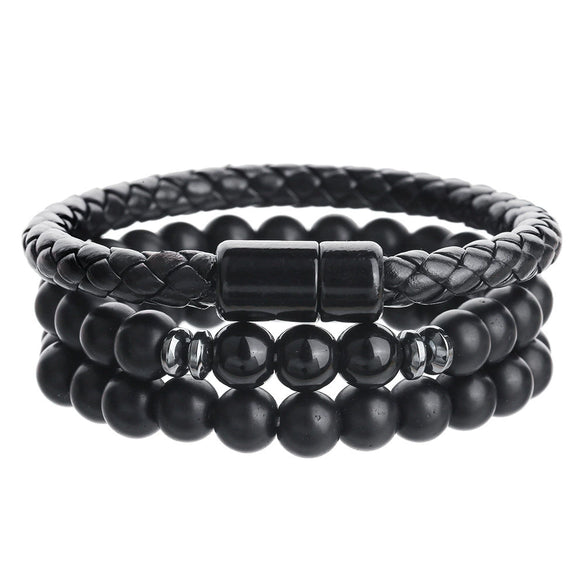 Unisex Handmade Hiphop Magnet Buckle Leather Cord Bracelet With Geometric Tiger's Eye And Volcanic Stone Beads