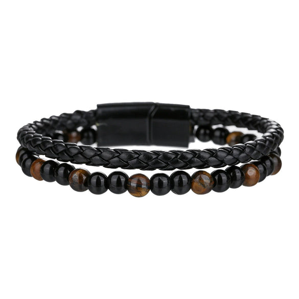 Unisex Handmade Hiphop Magnet Buckle Leather Cord Bracelet With Geometric Tiger's Eye And Volcanic Stone Beads