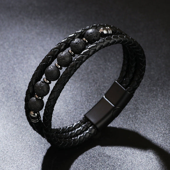 Unisex Handmade Mixed Material Multilayer Woven Leather And Pu Leather Bracelet With Geometric Pattern