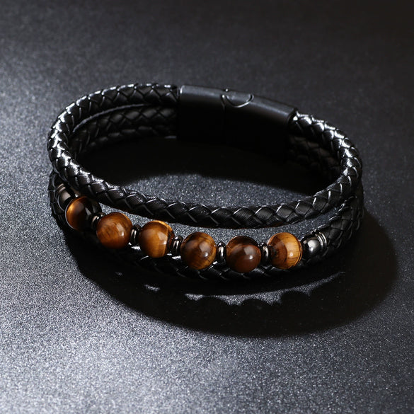 Unisex Handmade Mixed Material Multilayer Woven Leather And Pu Leather Bracelet With Geometric Pattern