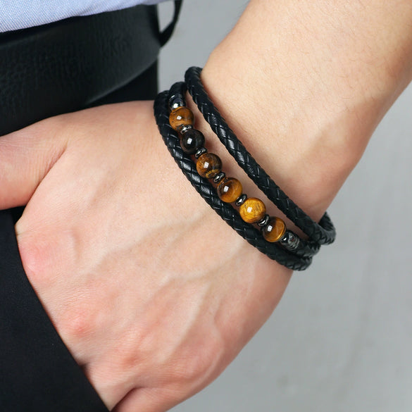 Unisex Handmade Mixed Material Multilayer Woven Leather And Pu Leather Bracelet With Geometric Pattern