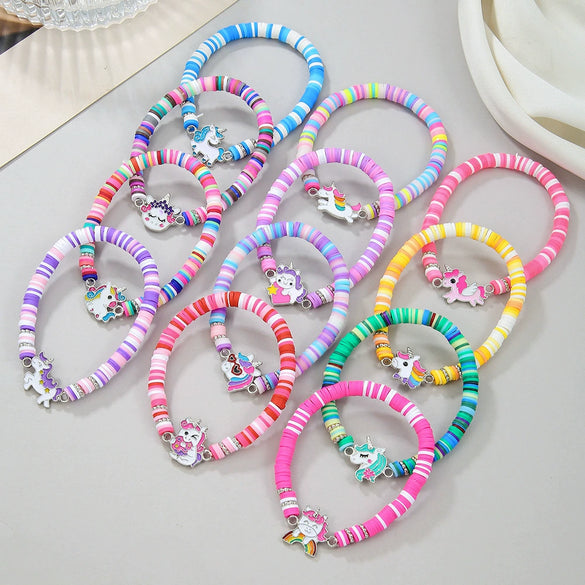 Unisex Handmade Multilayer Stacked Dripping Rainbow Unicorn Cartoon Soft Polymer Clay Bracelet With Animal Zodiac Design
