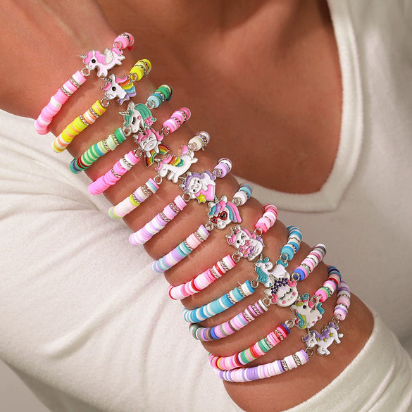 Unisex Handmade Multilayer Stacked Dripping Rainbow Unicorn Cartoon Soft Polymer Clay Bracelet With Animal Zodiac Design