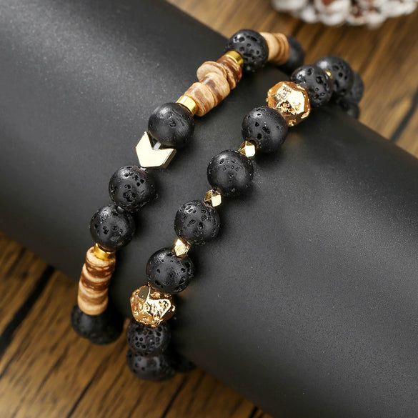Unisex Handmade Natural Semiprecious Stone And Wood Bead Bracelet With Geometric Style