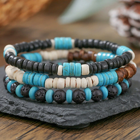 Unisex Handmade Natural Semiprecious Stone And Wood Bead Bracelet With Geometric Style