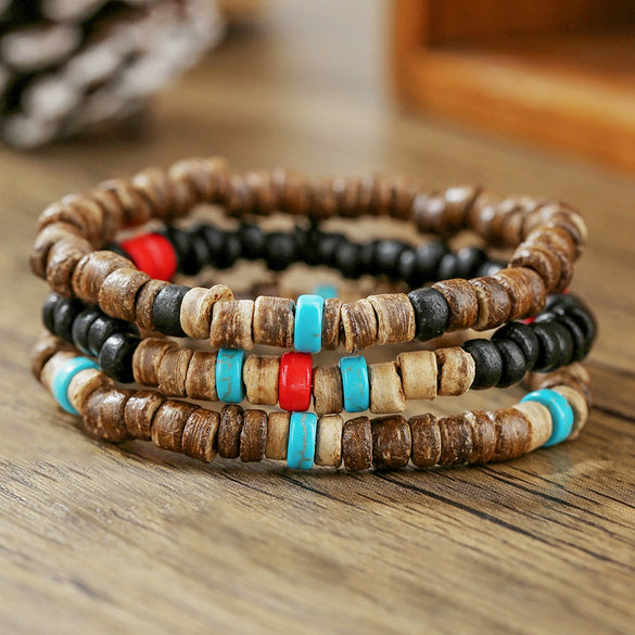 Unisex Handmade Natural Semiprecious Stone And Wood Bead Bracelet With Geometric Style
