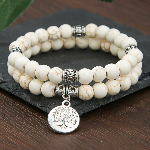 Unisex Handmade Natural Semiprecious Stone And Wood Bead Bracelet With Geometric Style