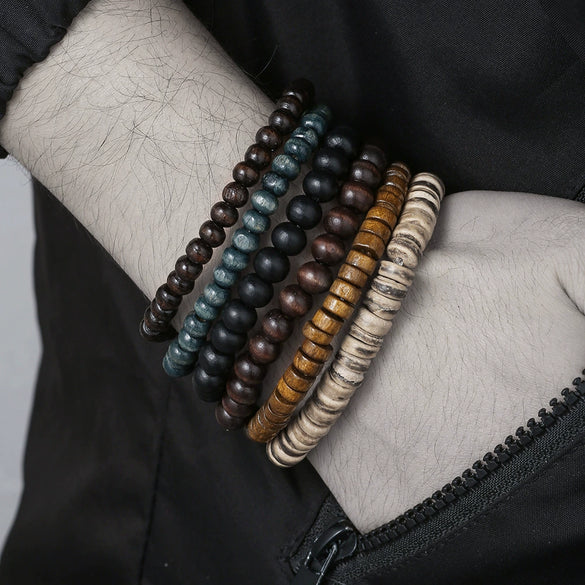 Unisex Handmade Natural Semiprecious Stone And Wood Bead Bracelet With Geometric Style