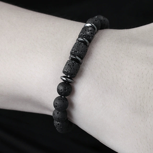 Unisex Handmade Natural Tiger Eye And Volcanic Stone Beaded Elastic Bracelet With Geometric Pattern