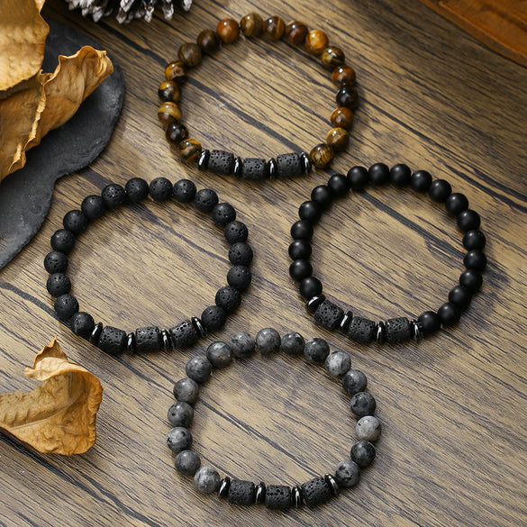 Unisex Handmade Natural Tiger Eye And Volcanic Stone Beaded Elastic Bracelet With Geometric Pattern