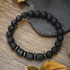Unisex Handmade Natural Tiger Eye And Volcanic Stone Beaded Elastic Bracelet With Geometric Pattern