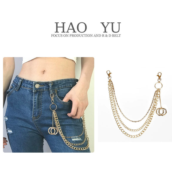 Unisex Hip Hop Metal Multi Layer Trouser Waist Chain With Tassel And Double Ring Pendant Fashion Accessory