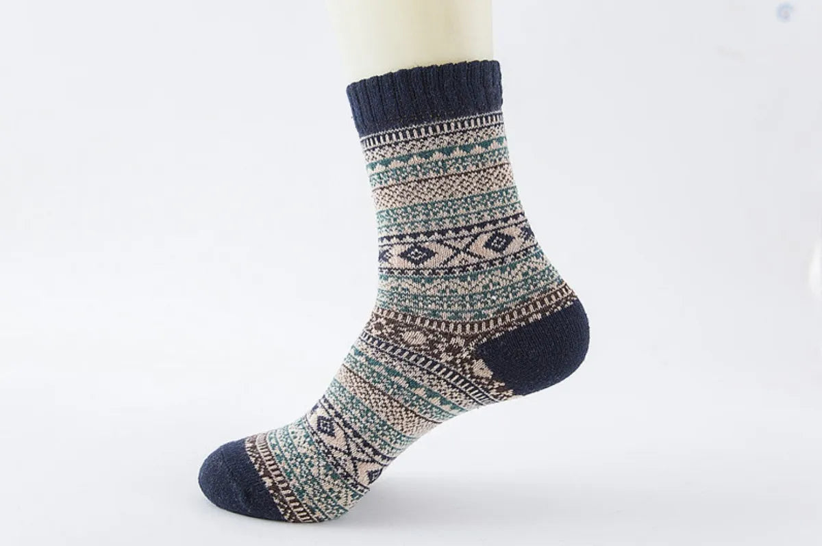 Unisex Japanese Style Geometric Color Block Cotton Wool Crew Socks A Pair